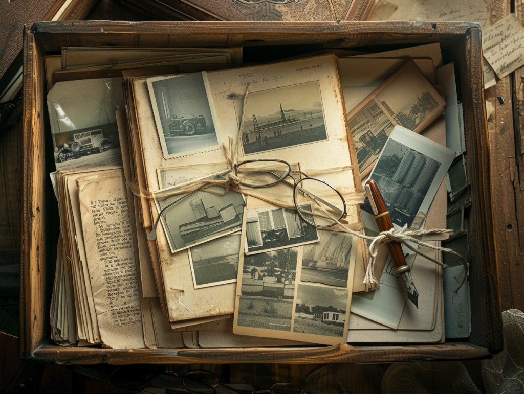 A wooden box filled with old photographs, letters, and memories.