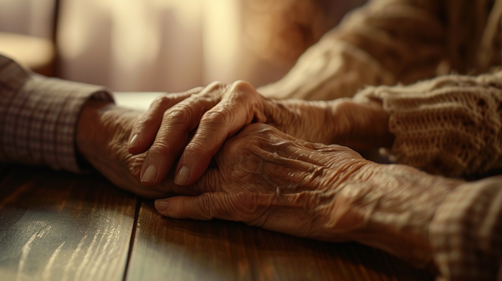 A close up of an elderly hand resting on a younger one, symbolizing the transfer of memory.
